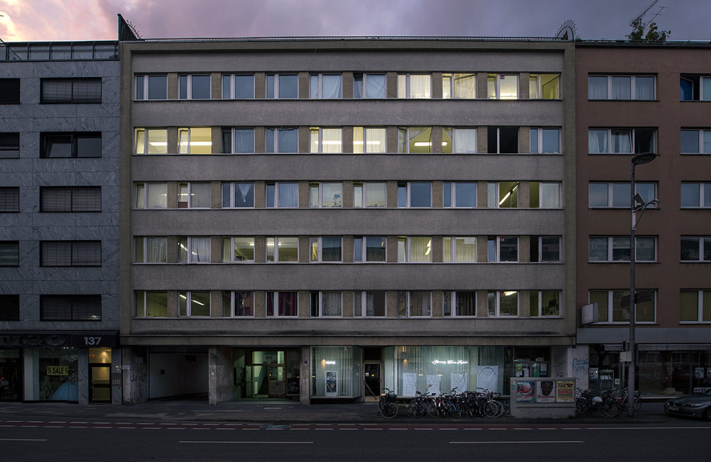 Temporary home for asylum seekers with installation view, sun set, Hansaring 139, Cologne, DE, 2017