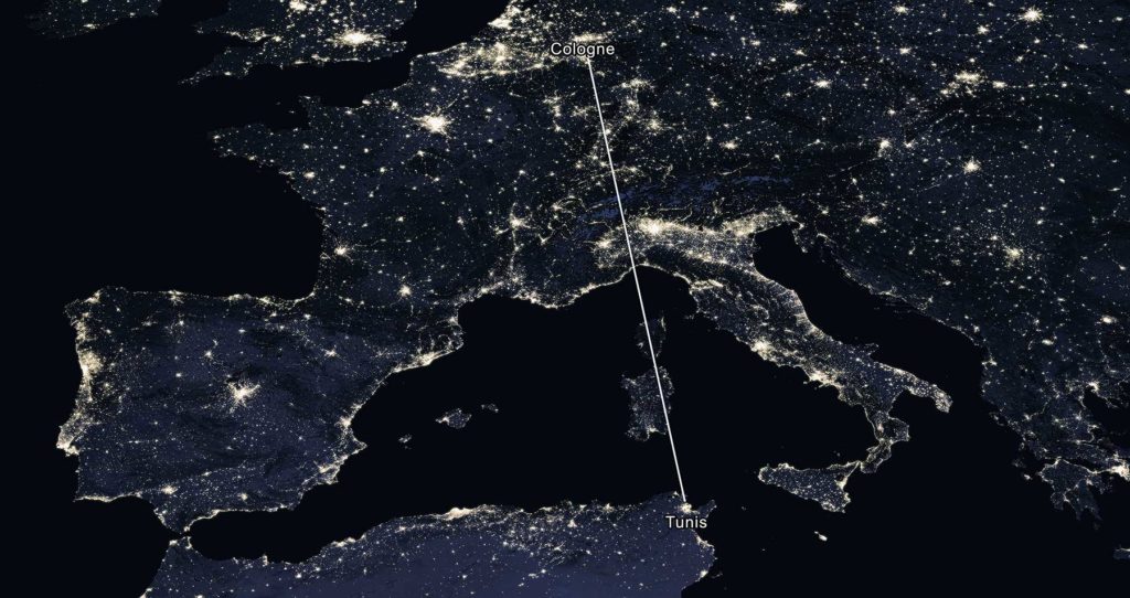 1600 km linear distance between the sister cities Tunis and Cologne - NASA night view, 2016
